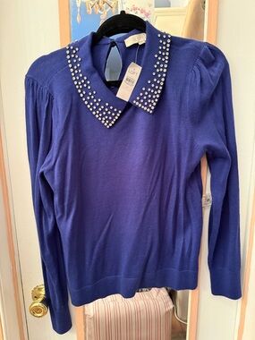 LOFT Royal Blue Sweater with Jeweled Collar